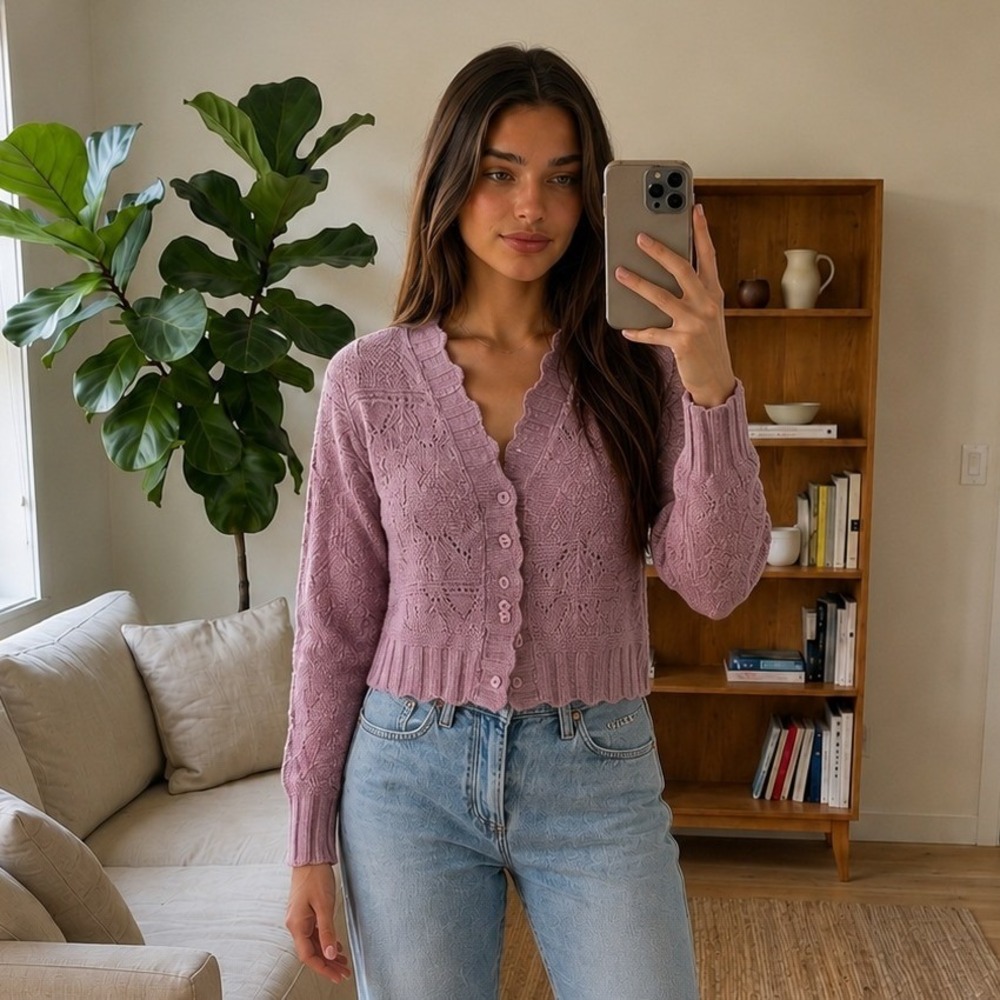 Pink‎ Lily Cropped Cardigan Small Mauve Scalloped Knit Cottage Coquette Romantic